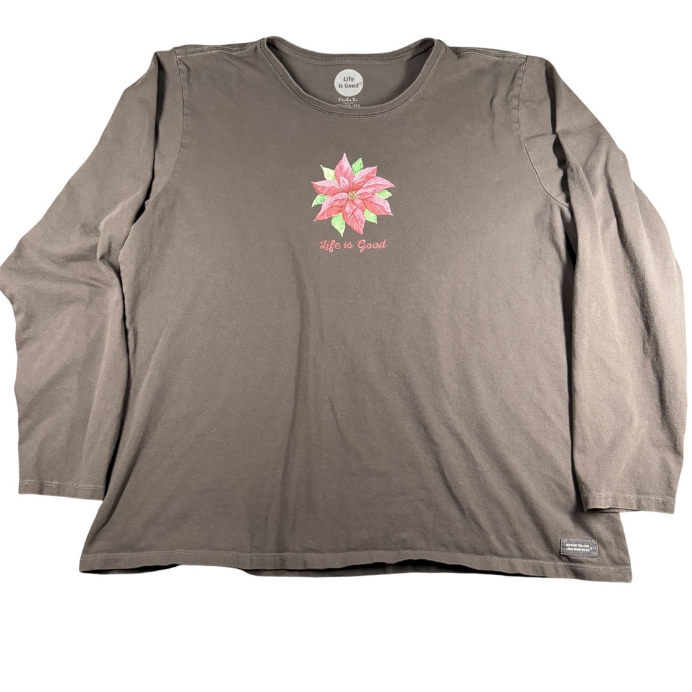 Life Is Good Shirt Womens 2XL Gray Poinsettia Graphic Long Sleeve Tee Tagless